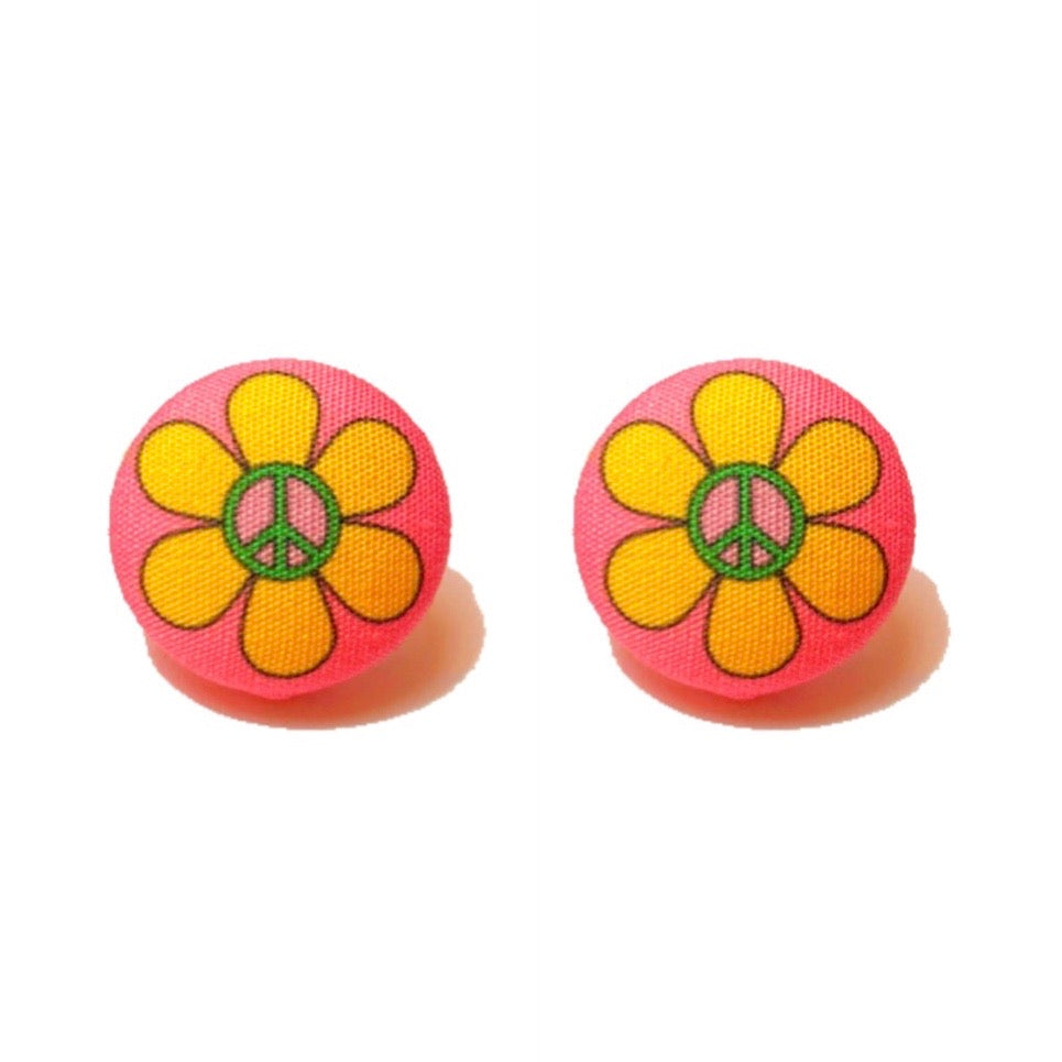Yellow Flower With Peace Sign 60s Inspired Flower Fabric Button Earrings