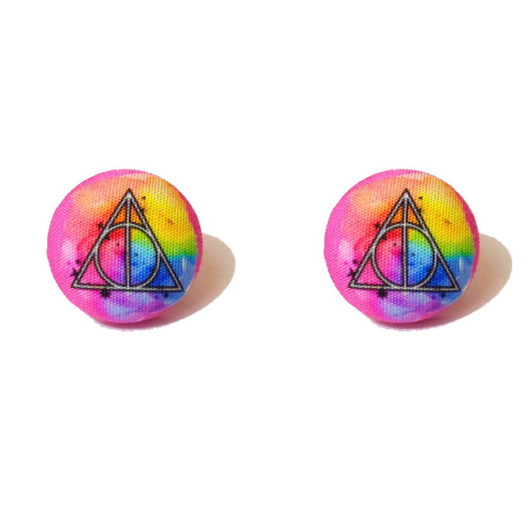 Rainbow Watercolor Wizard Symbol Inspired Fabric Button Earring