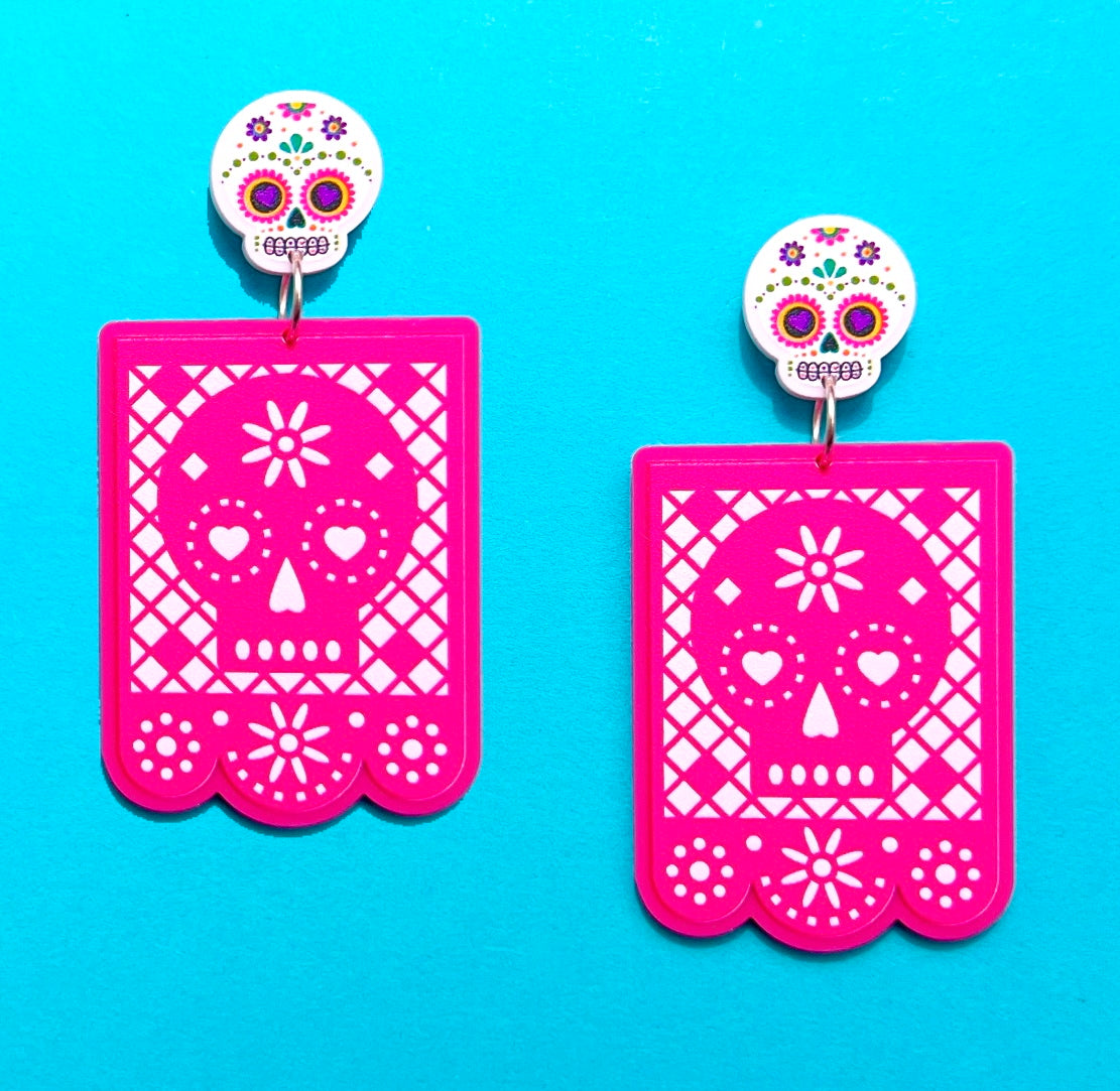 Pink Papel Picado Sugar Skull Drop Earrings