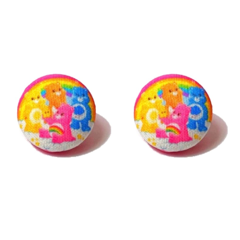 Rainbow Bears Fabric Button Earrings