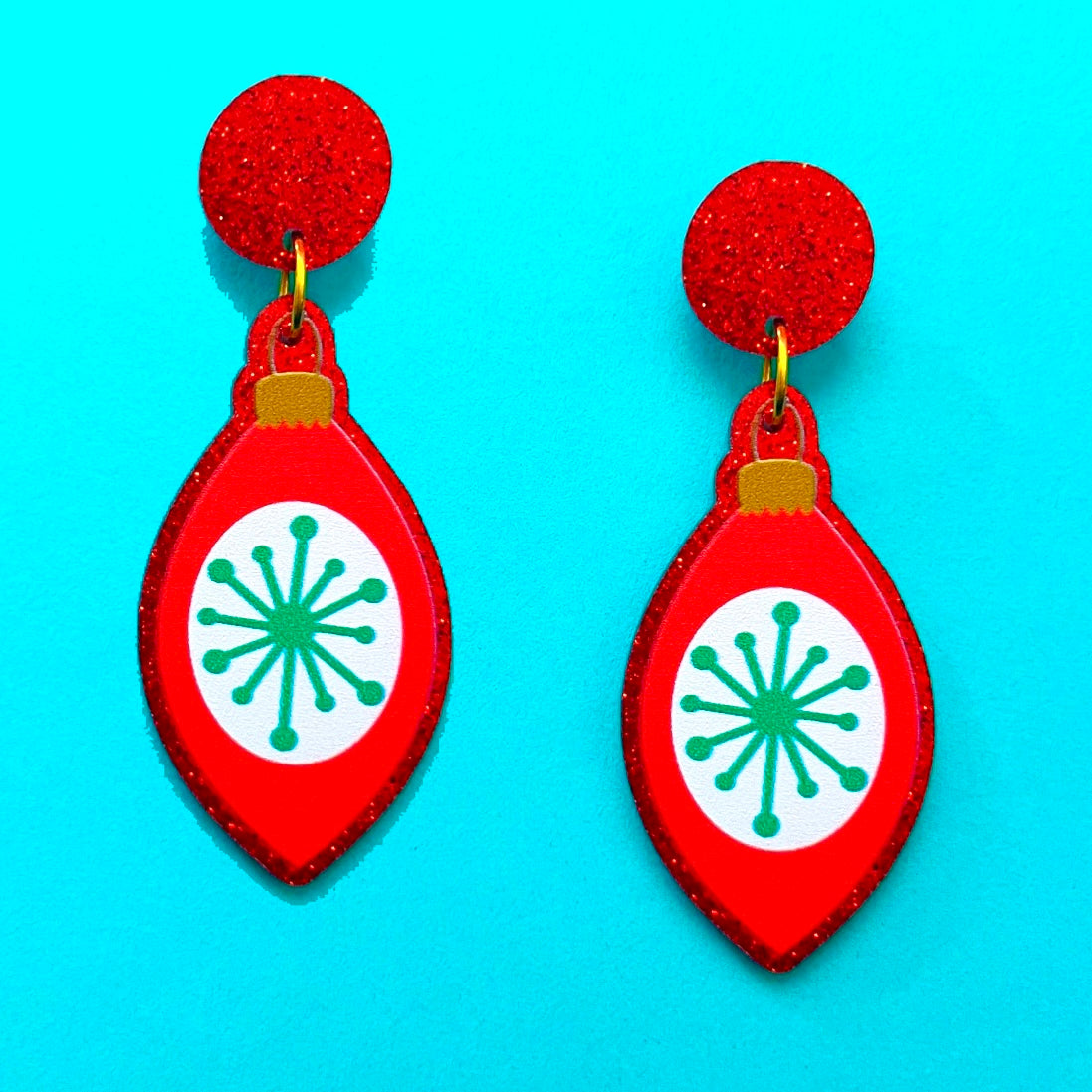 Red Sparkle Retro Atomic Ornament Earrings