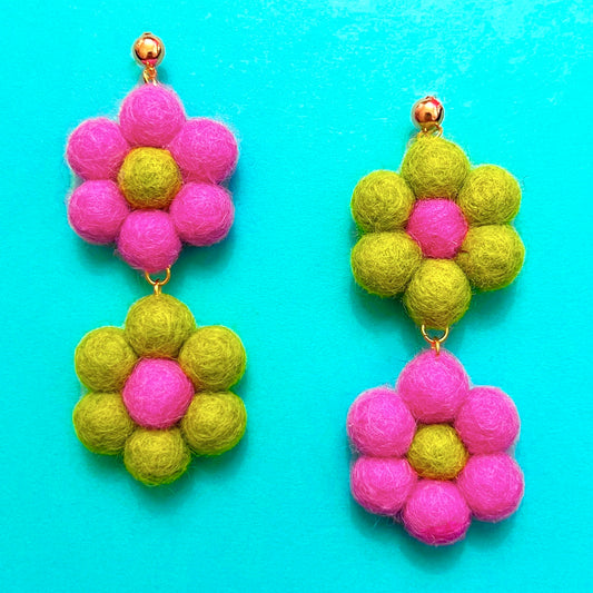 Pink & Lime Green Double Flower Wool Felt Drop Earrings