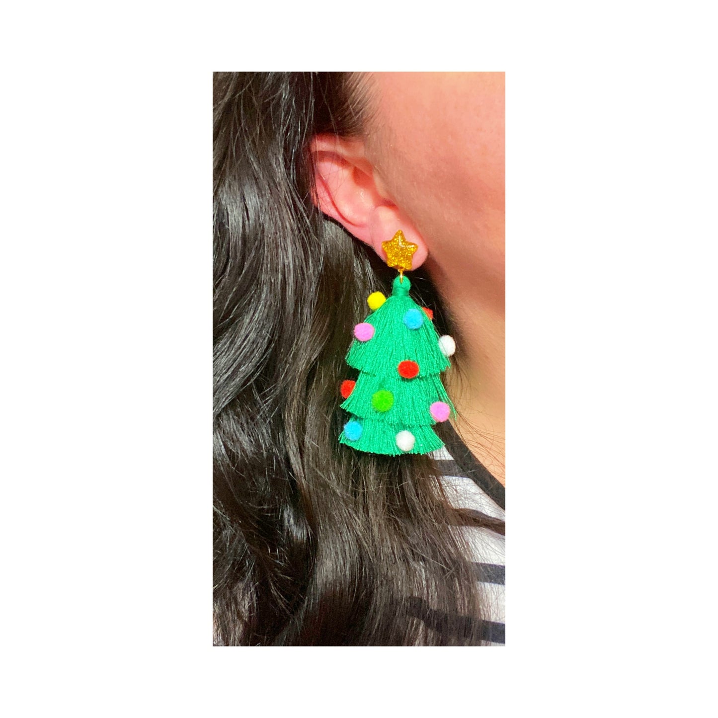 Christmas Tree Tassel Pom Pom Drop Earrings