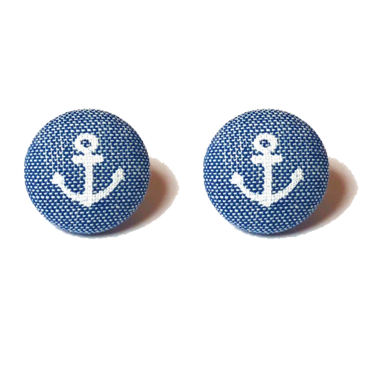 Denim Blue Anchor Fabric Button Earrings