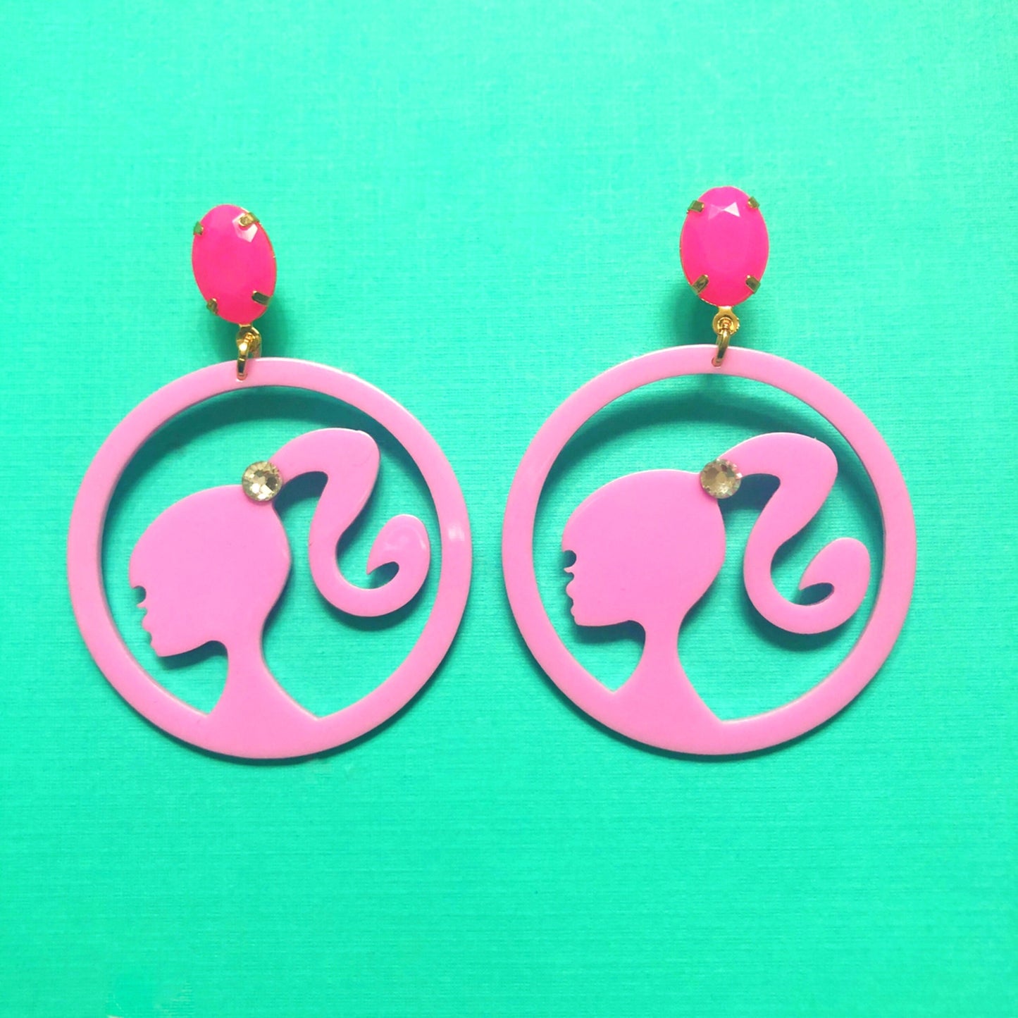 Retro Doll Silhouette Pink Drop Earrings