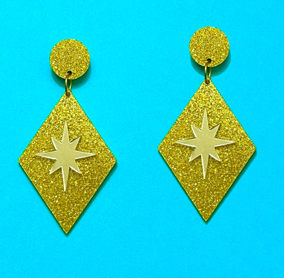 Gold Glitter Atomic Retro Twinkle Drop Earrings