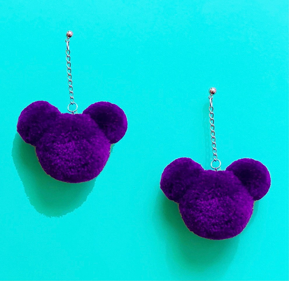 Dark Purple Mouse Yarn Pom Pom Hanging Drop Earrings