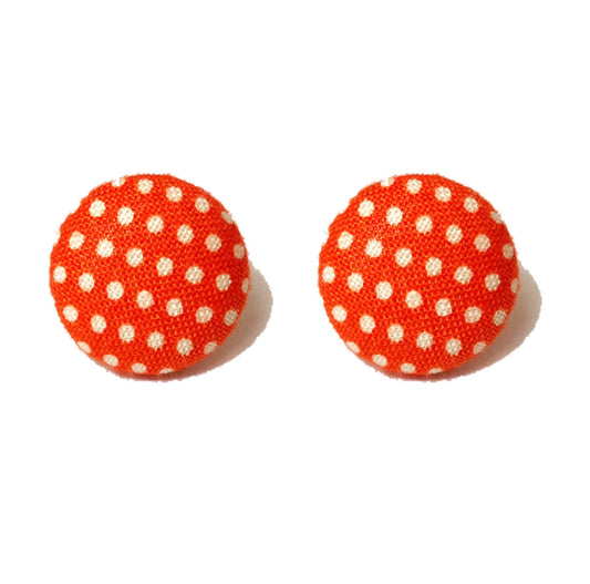 Orange & White Polka Dot Fabric Button Earrings