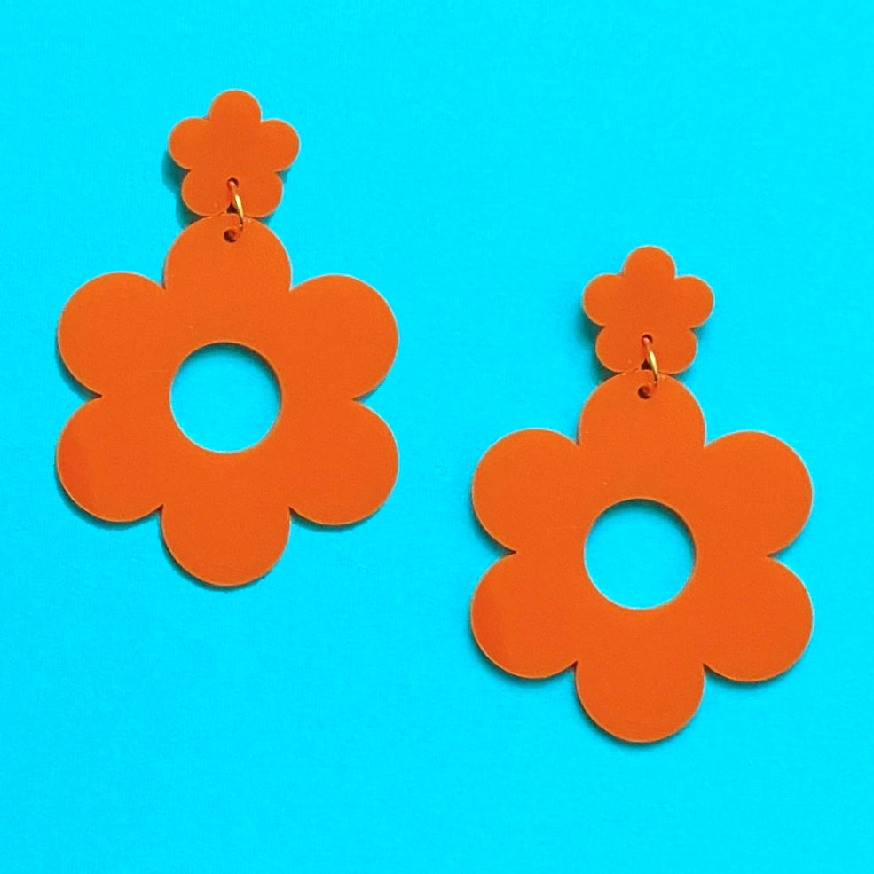 Orange Retro Double Flower Acrylic Drop Earrings
