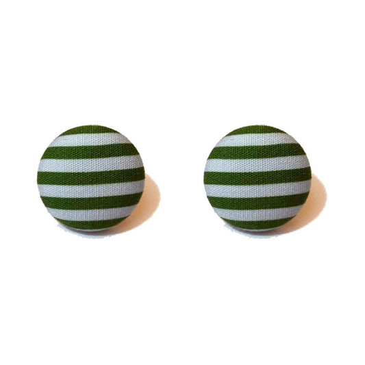 Green & Gray Stripes Fabric Button Earrings