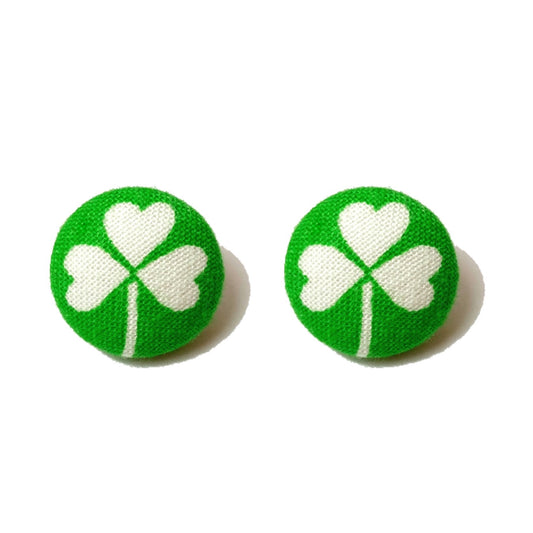 Four Leaf Clover Shamrock Green Fabric Button Earrings