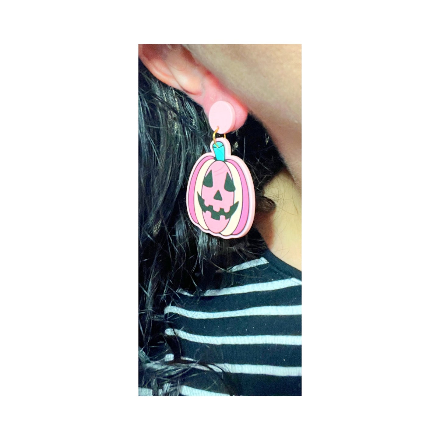 Pink Pastel Pumpkin Jack-O-Lantern Flower Drop Earrings