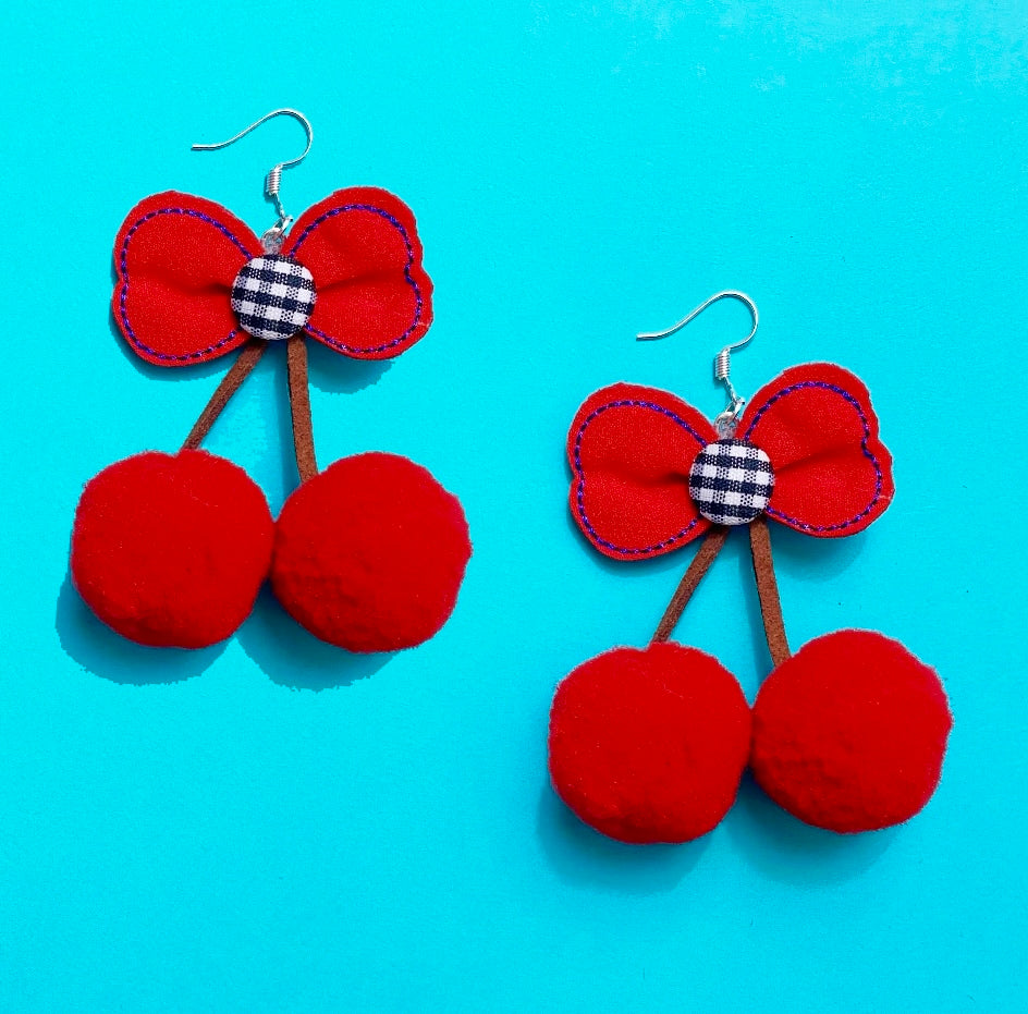 Red Cherry & Bow Pom Pom Drop Earrings