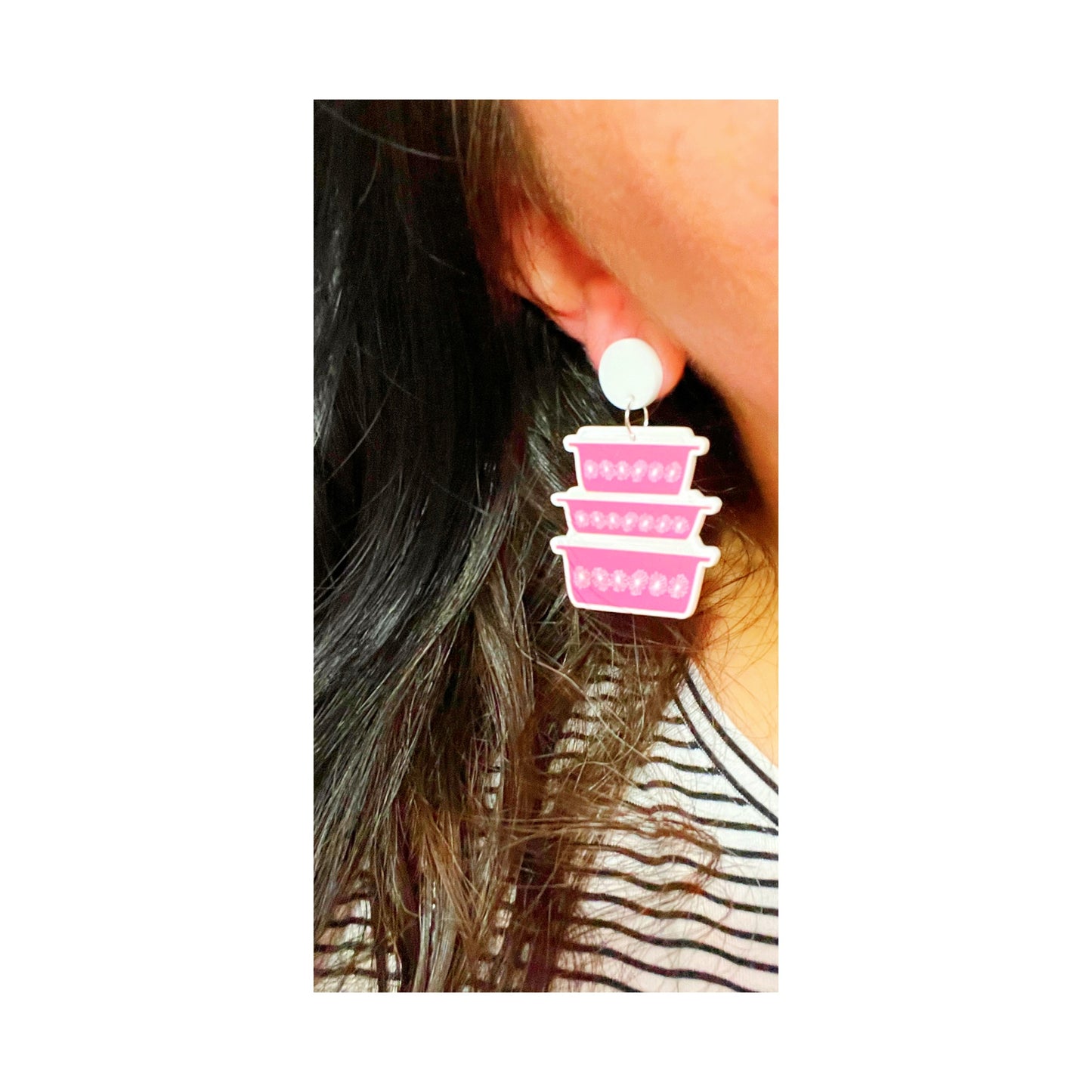 Pink & White Vintage Pyrex Inspired Acrylic Drop Earrings