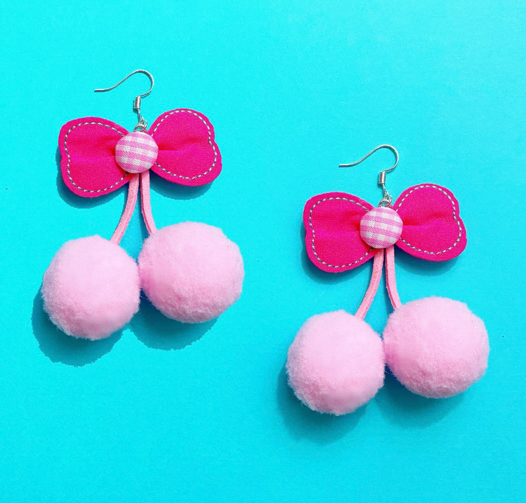 Pink Cherry & Bow Pom Pom Drop Earrings