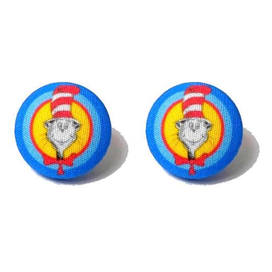 Cat In Hat Fabric Button Earrings