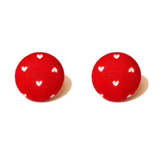 Dainty Red Heart Fabric Button Earrings
