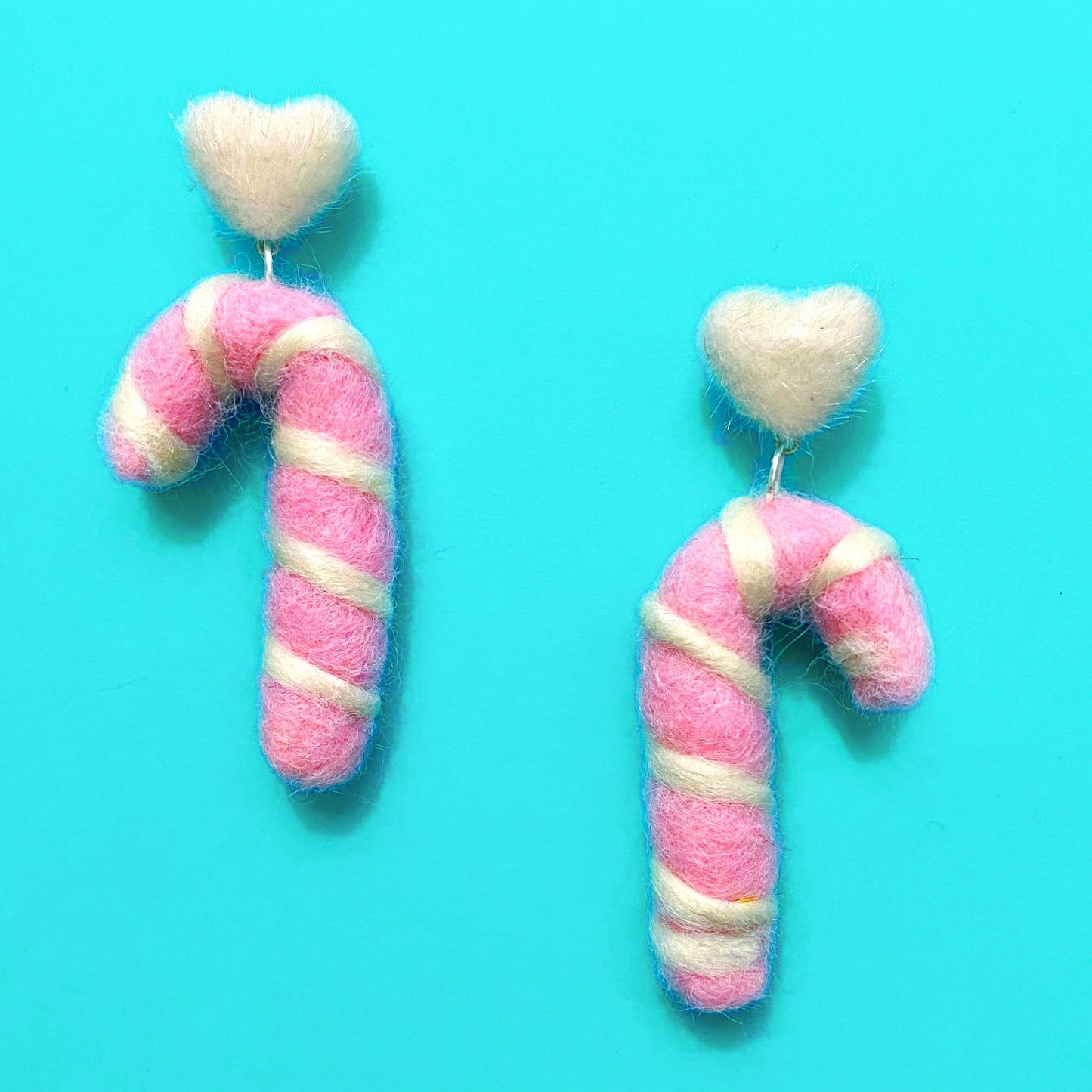 Pink & White Heart & Candy Cane Wool Felt Drop Earrings