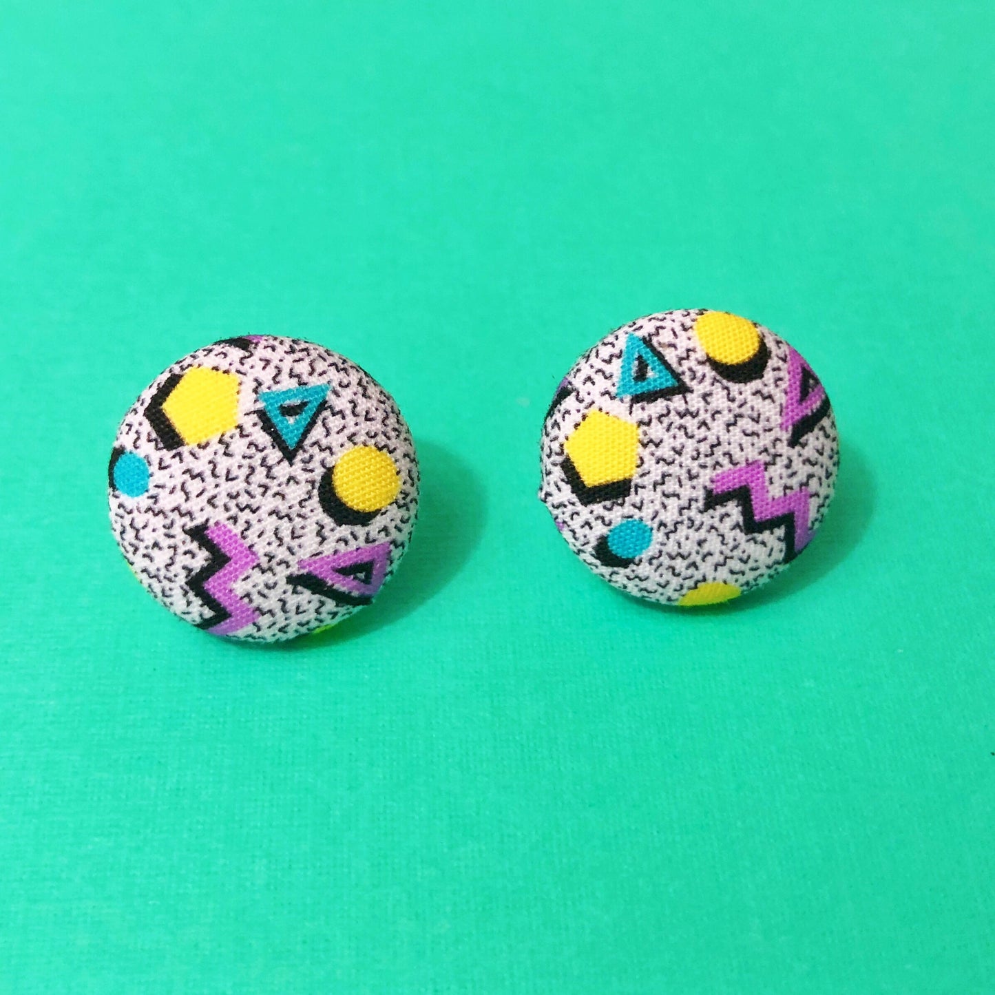 90s Print Purple Yellow and Violet  Fabric Button Earrings