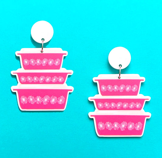 Pink & White Vintage Pyrex Inspired Acrylic Drop Earrings