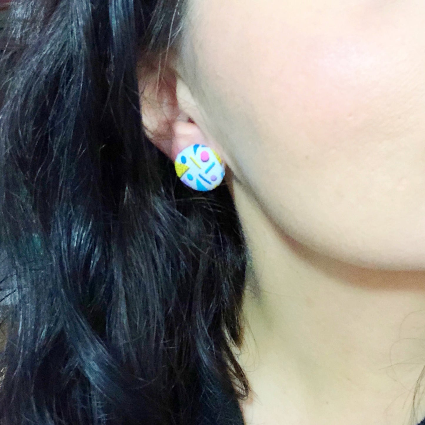 90s Print Purple Yellow and Violet  Fabric Button Earrings