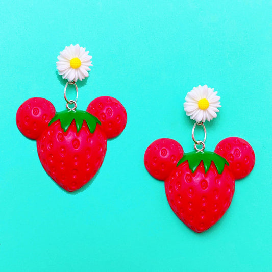 Strawberry Daisy Mouse Drop Earrings