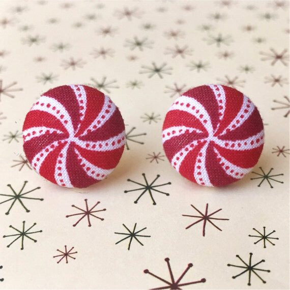 Peppermint Swirl Fabric Button Earrings Red & White