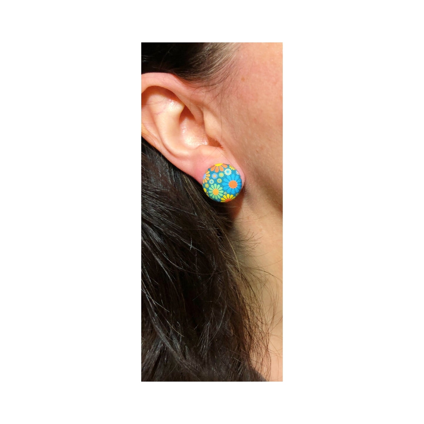 Navy Retro 1960s Flower Power Fabric Button Earrings