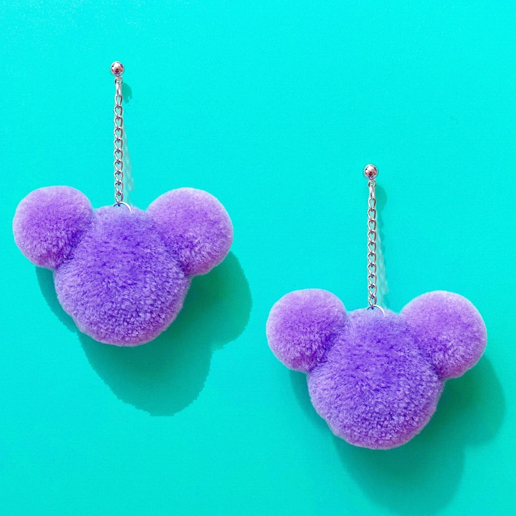 Purple Lavender Mouse Yarn Pom Pom Hanging Drop Earrings