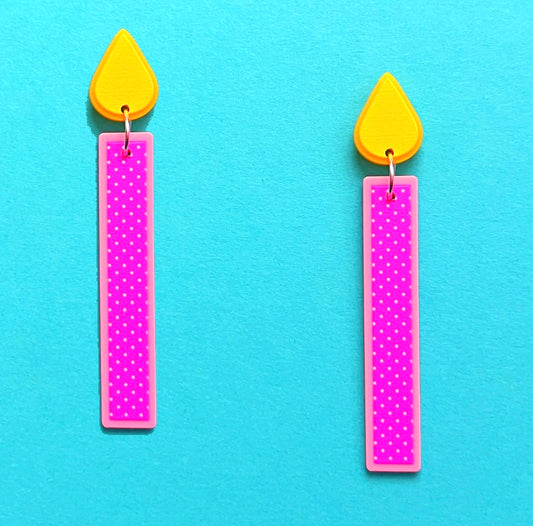 Pink Polka Dot Birthday Candle Acrylic Drop Earrings