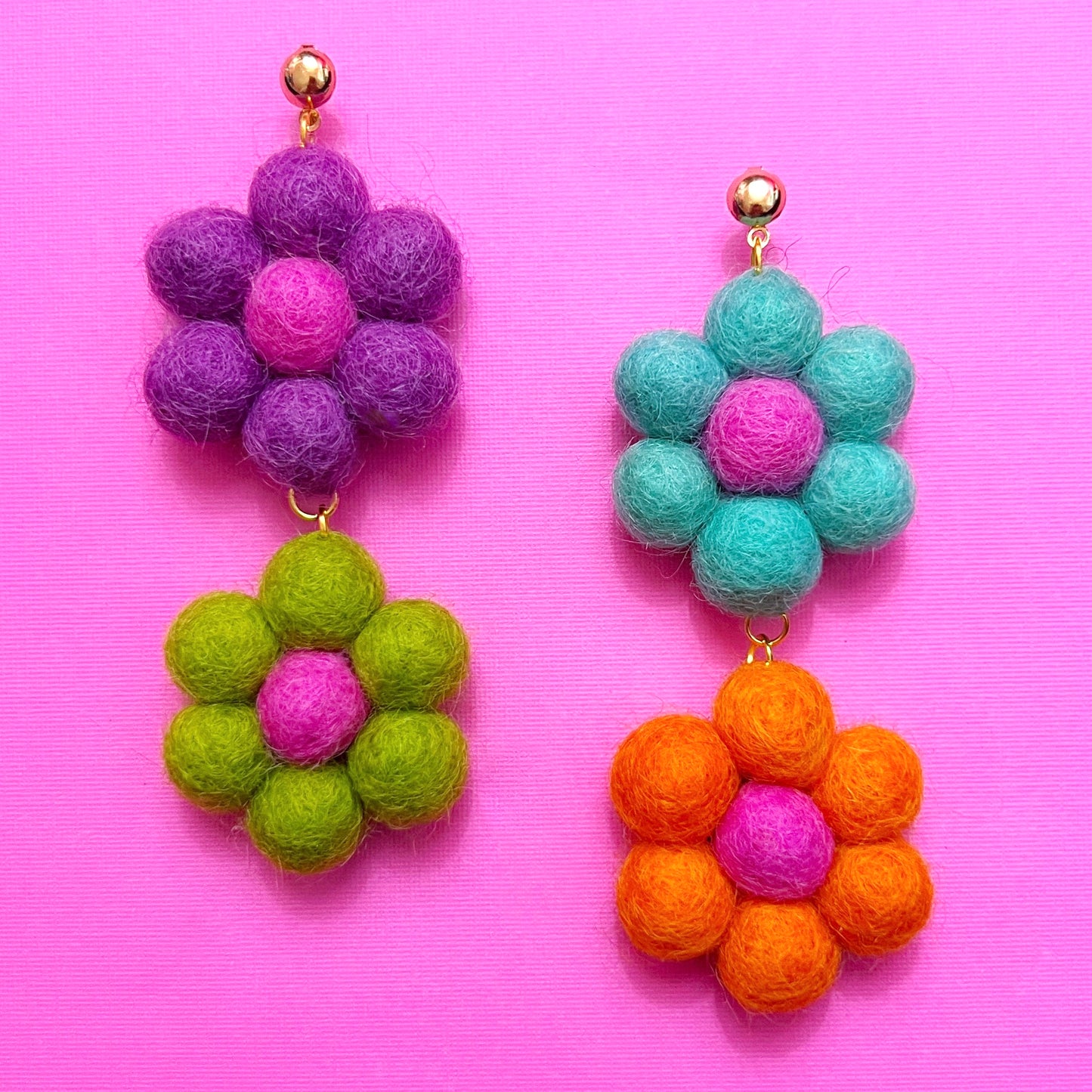 Bright Multicolor Double Flower Wool Felt Drop Earrings