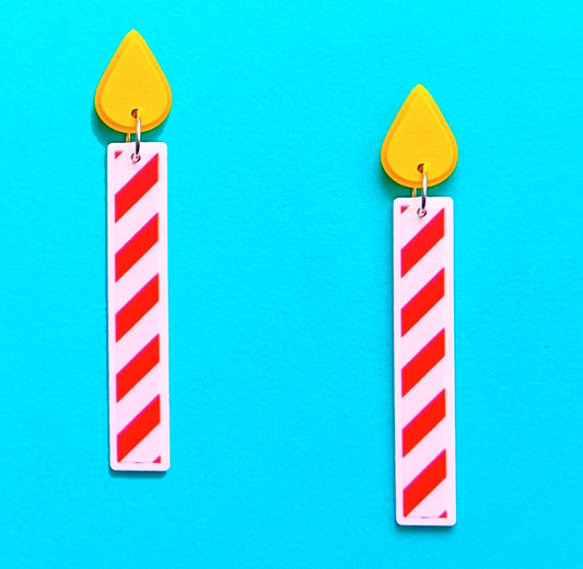 Red & White Stripe Birthday Candle Acrylic Drop Earrings