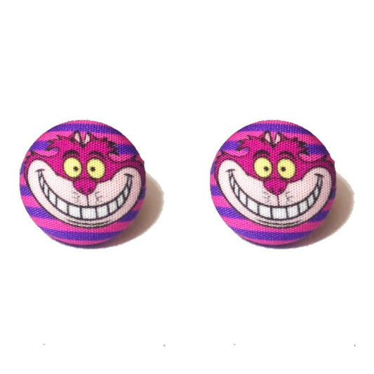 Grinning Cat Fabric Button Earrings