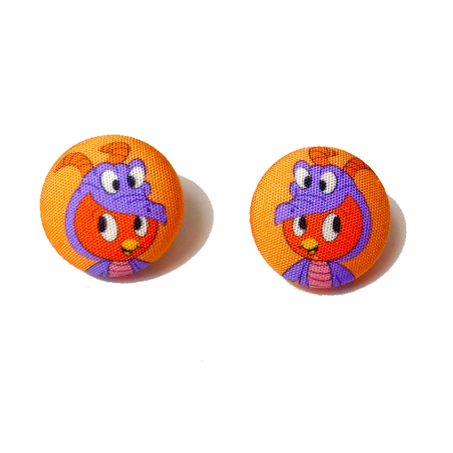 Figment Orange Bird Fabric Button Earrings