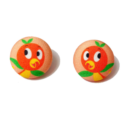 Orange Bird Fabric Button Earrings