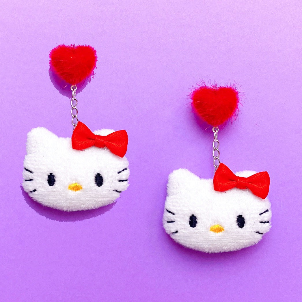 Kitty Red Bow Heart Pom Pom Hanging Drop Earrings