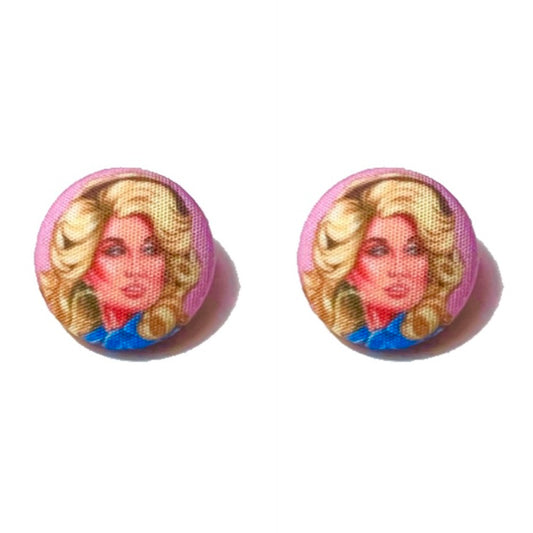Pink Dolly Parton Inspired Fabric Button Earrings