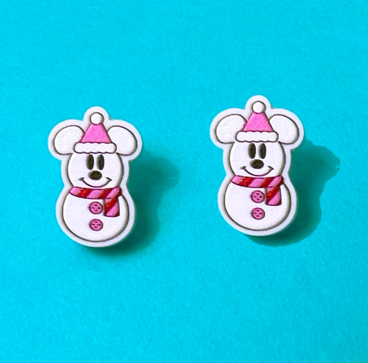 Mouse Snowman Pink Post Earrings