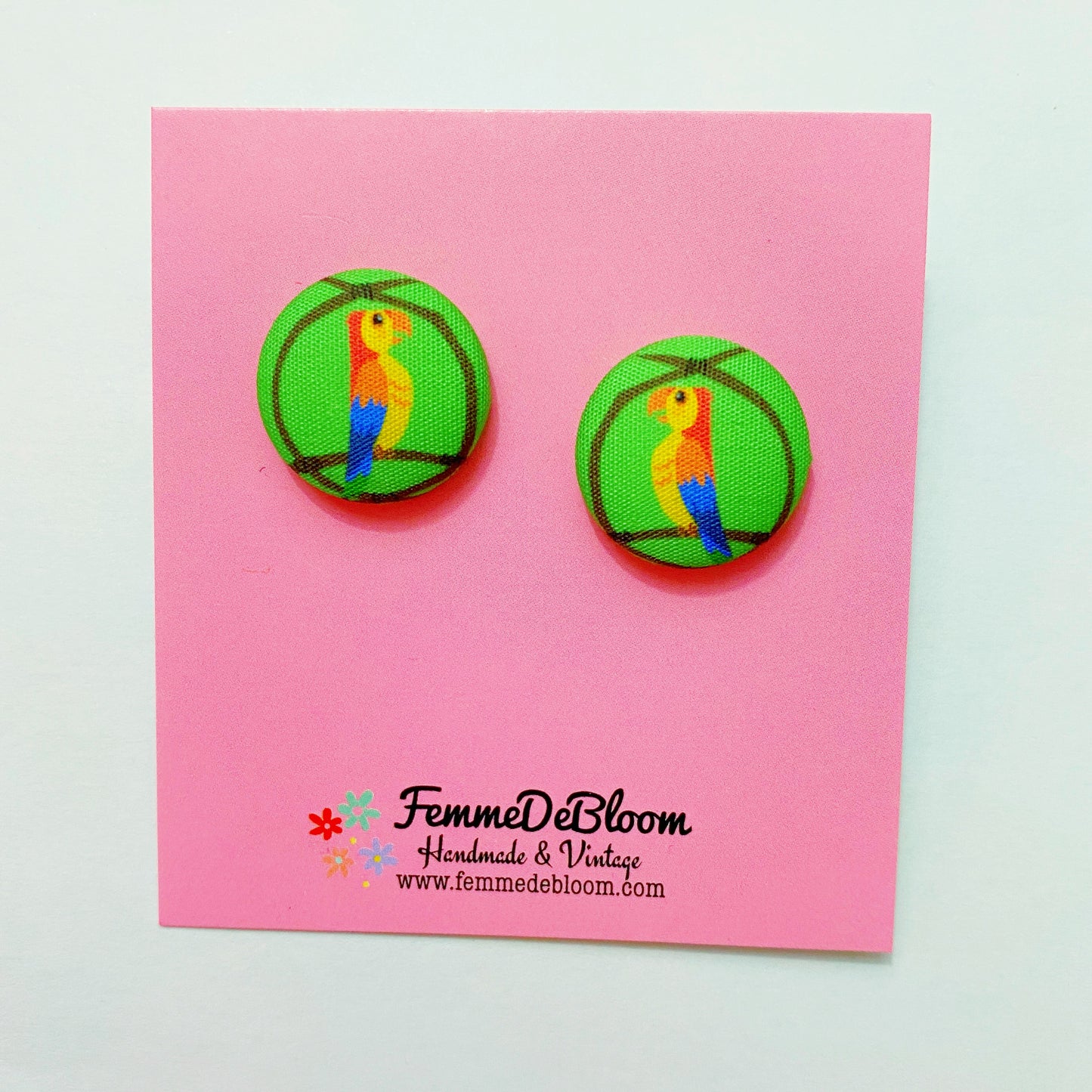 Tiki Bird Fabric Button Earring Set