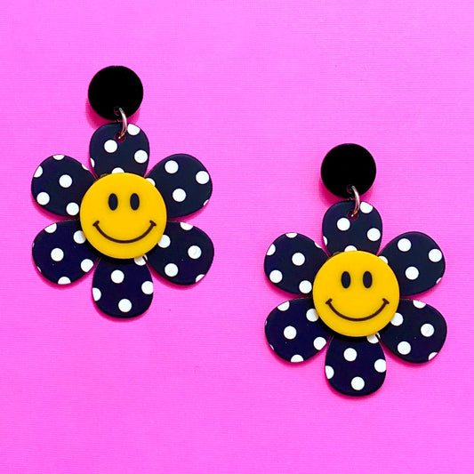 Black & White Polka Dot Flower Smiley Face Acrylic Drop Earrings
