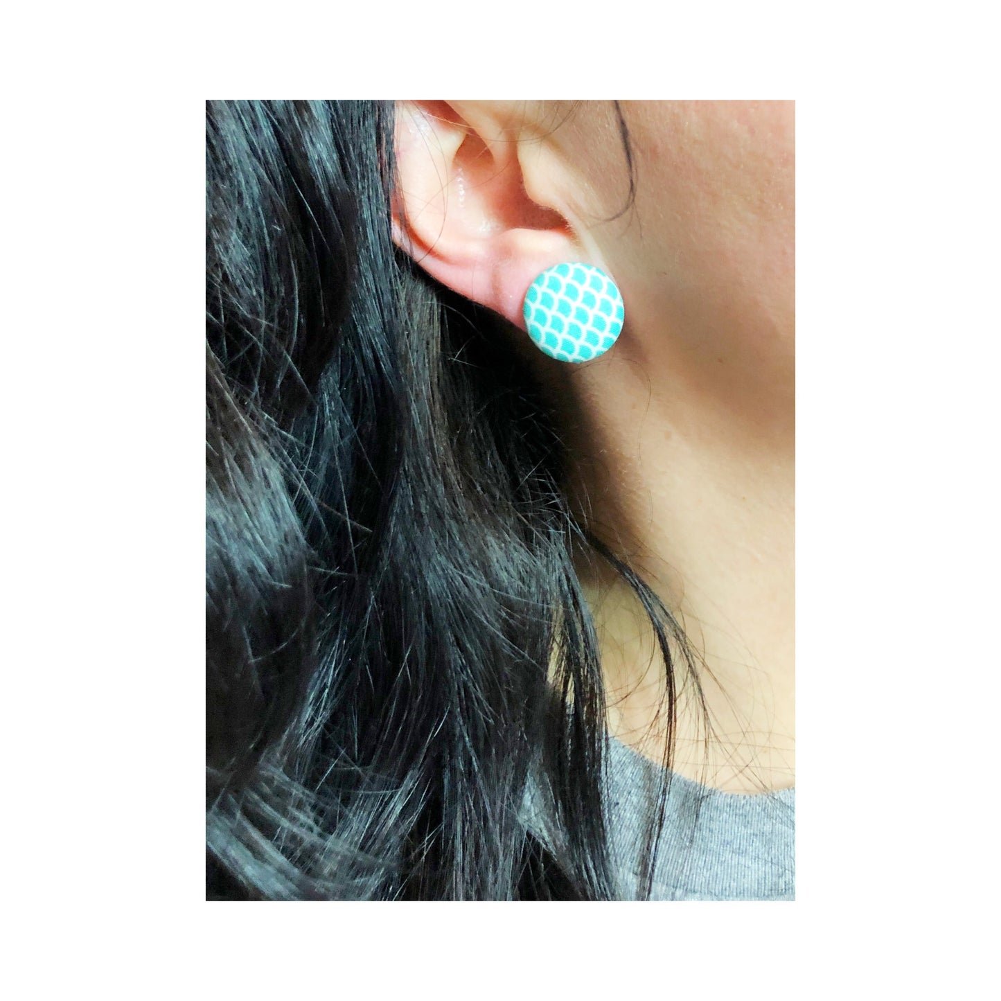 Mint Aqua Mermaid Scale Fabric Button Earrings