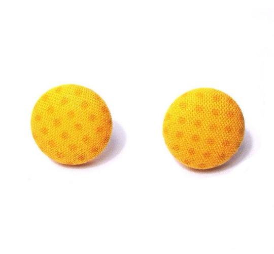 Mustard Yellow Polka Dot Print Fabric Button Earrings