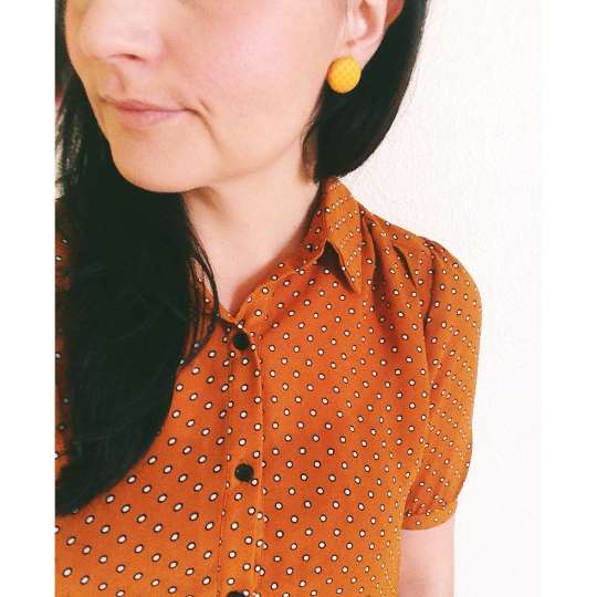 Mustard Yellow Polka Dot Print Fabric Button Earrings