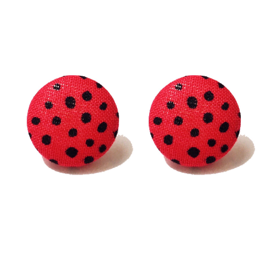 Red & White Polka Dot Print Fabric Button Earrings