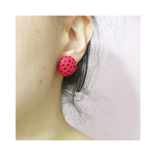 Red & White Polka Dot Print Fabric Button Earrings
